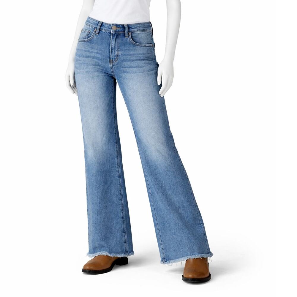 Risen Wide Leg Raw Hem Jeans Womens 26x29 High Rise Trendy Denim festival flare
